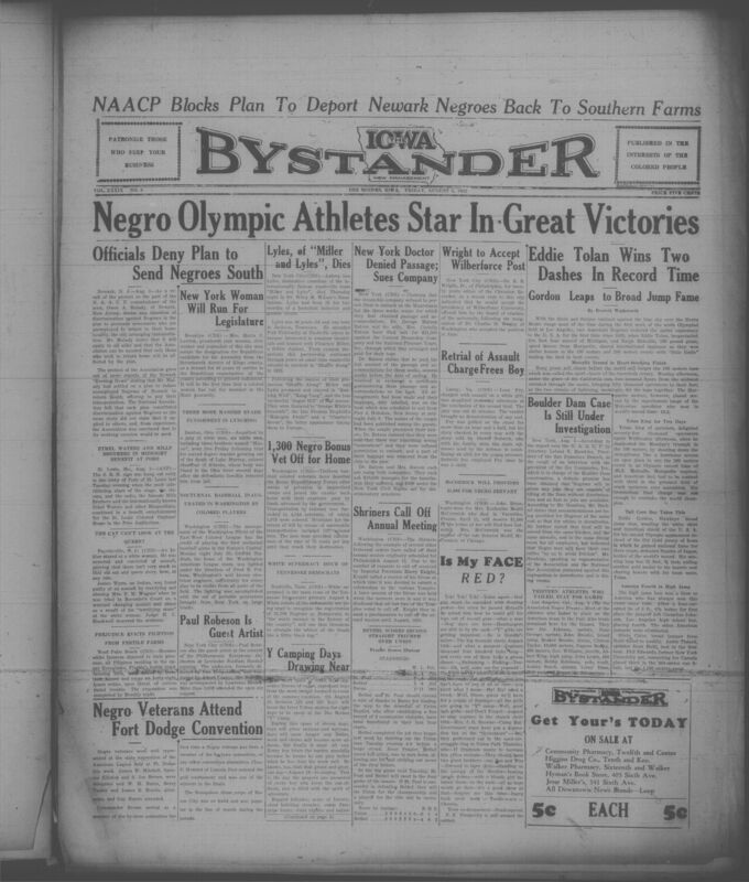 Contents include but are not limited to Black American athletes win multiple track and field Olympic medals, NAACP protests racial segregation of Black workers at Boulder Dam, Black couple sues steamship company for discriminatory denial of passage, Aubrey Lyles of famous Black vaudeville comedy duo passes away, Newark officials deny plans to force unemployed Black residents South and other topics.
