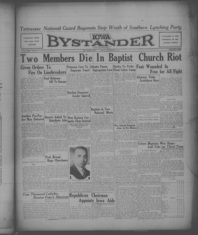 Contents include but are not limited to two members die and 4 injured in Baptist Church riot, Union Baptist baseball team wins third YMCA church league championship, Secretary of War promises NAACP investigation into flood camp slavery, Atlanta city council passes residential segregation ordinance restricting moving permits, national guardsmen prevent white mob from lynching four Black prisoners, Republican state chairman appoints Black leaders for 1932 presidential campaign, and other topics.