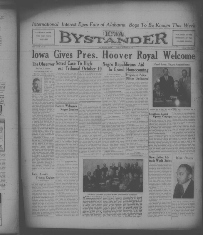 Contents include but are not limited to President Hoover receives massive welcome in Iowa aided by Black Republicans, prejudiced police inspector transferred after threatening Black Communist vice-presidential candidate, Iowa Republicans launch “Negro Voters Division” to get more Black votes, Supreme Court to review convictions in Scottsboro Boys case, President Hoover welcomes hundreds of Black leaders to White House, and other topics.