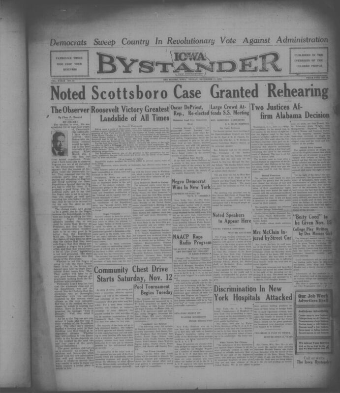 Contents include but are not limited to Supreme Court grants new trial in notorious Scottsboro Boys case, Christian Federation sponsors winter lecture series for young people, NAACP protests discrimination against Black nurses in New York hospitals, Black Democrat James Stephens re-elected to New York State Assembly, Franklin Roosevelt defeats Hoover in historic Democratic presidential landslide victory, and other topics.