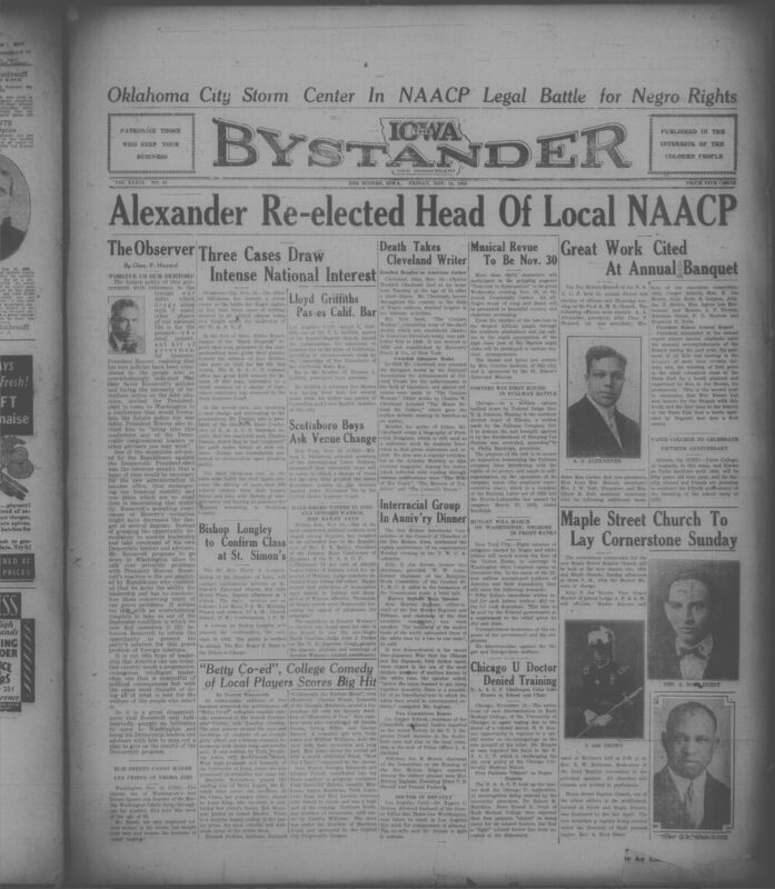 Contents include but are not limited to A. A. Alexander re-elected head of Des Moines NAACP, Paine College to celebrate their 50th anniversary, Charles Waddell Chestnutt (notable Black writer) passes away, three Black civil rights cases drawing in national interest, University of Chicago refuses training to Black doctor, Des Moines Interracial Commission celebrates 8th anniversary of its organization, and other topics.