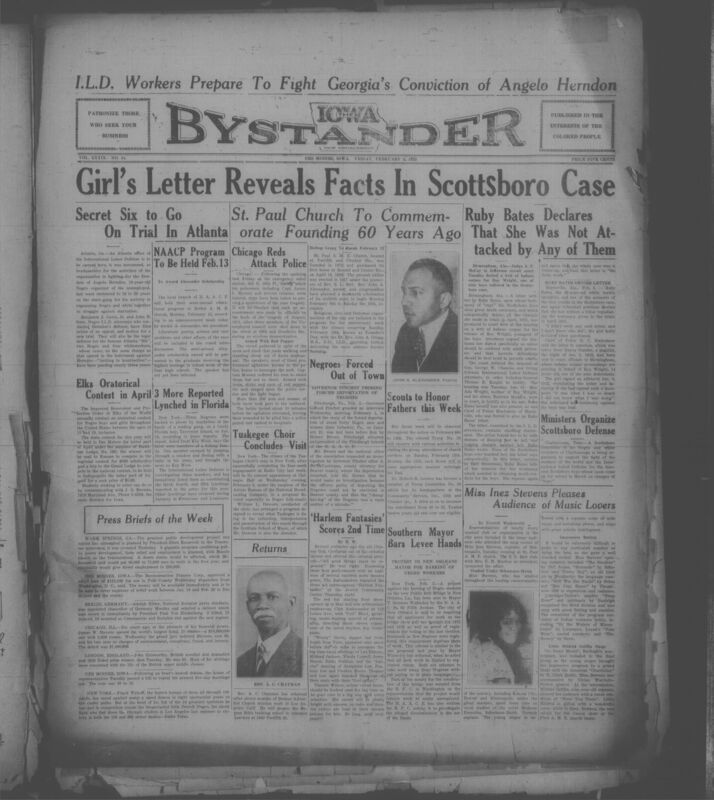 Contents include but are not limited to Ruby Bates retracts and later denies Scottsboro testimony, St. Paul A.M.E. Church celebrates its sixtieth founding anniversary, Governor Pinchot probes forced deportation of Black Pennsylvania residents, Agitators clash with Chicago police at emergency relief station, Labor Defense appeals Herndon sentence, Secret Six face trial, and other topics.