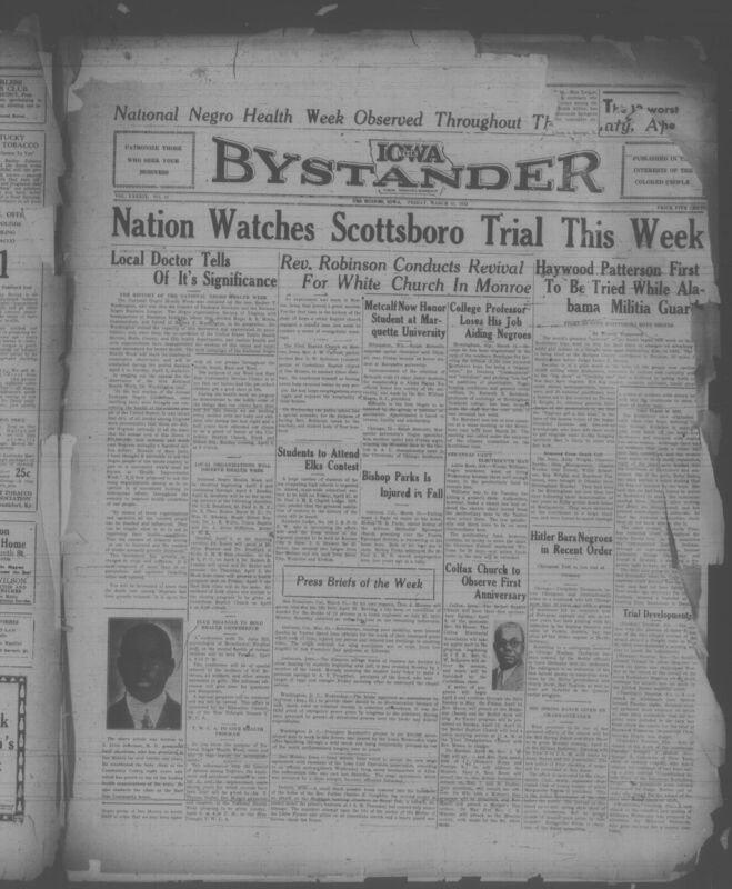 Contents include but are not limited to Scottsboro defendants face retrial amidst intense Alabama racial tension, Nazi Germany orders Chicago musician Creighton Thompson to depart, Birmingham sociology professor dismissed for supporting Scottsboro defendants, Ralph Metcalfe named honor student at Marquette University, community leaders promote National Negro Health Week initiatives, and other topics.