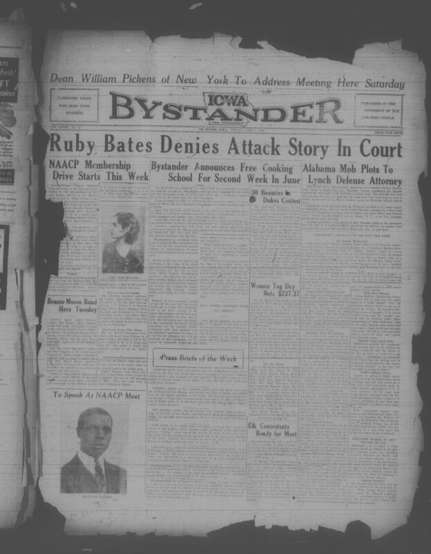 Contents include but are not limited to Ruby Bates recants testimony, denying attack in Scottsboro retrial, Des Moines newspaper hosts expert-led free cooking school, thirty contestants prepare for Royal Dukes Annual Bathing Contest, Women’s Tag Day raises funds for Iowa Federation Home, Elks Lodge organizes regional oratorical contest for members, and other topics.