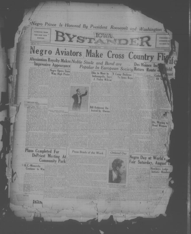 Contents include but are not limited to Black aviators complete historic transcontinental flight in Fairchild monoplane, Noble Sissle and his orchestra bring international jazz to Des Moines, Abyssinian Prince Ras Desta Demtu visits President Roosevelt, Ralph Metcalfe wins sprinting events during tour in Sweden, Georgia churchwomen form committee to protest and combat lynching, and other topics.