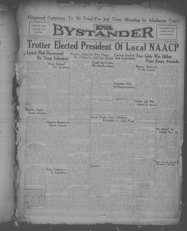 Contents include but are not limited to African American newspaper from Des Moines, Iowa, containing a wide range of regional and national news significant to Black communitites. It reports on political developments such as NAACP activities, civil rights legal cases, lynching investigations, and city council elections, alongside coverage of major national events like the Scottsboro trails. The issue highlights local achievements, including student essay contest winners, high-school football al-city selections, and community celebrations by Black veterans. It also fetures church news, social club activities, weddings, obituaries, and advertisements aimed at African american readers. The paper belnds advocacy, community reporting, and national racial justice coverage, reflecting both daily life and the struggle for civil rights in the early 20th century Midwest.