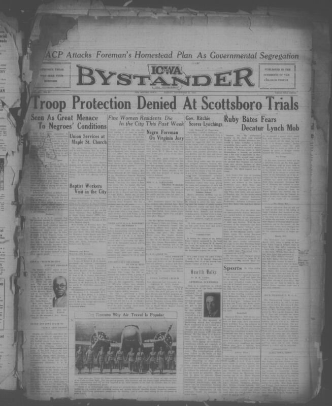 Contents include but are not limited to African American newspaper from Des Moines, reporting on major racial justice news community events, and social happenings. It covers lynching cases in Maryland, Alabama, and Louisiana, including the Armwood case and developments in the Scottsboro trails, highlighting failures of local officials, public tension, and legal conflicts. The paper also reports multiple local obituaries, church programs, women's club meetings, youth activities, and community fundraisers. Additional sections include national political commentary, health advice, sports coverage such as Iowa and Drake football, and numerous advertisements for holiday poultry markets. Overall, the issue blends urgent civil rights reporting with everyday community life, reflecting both the dangers and resilience of African Americans in 1933.