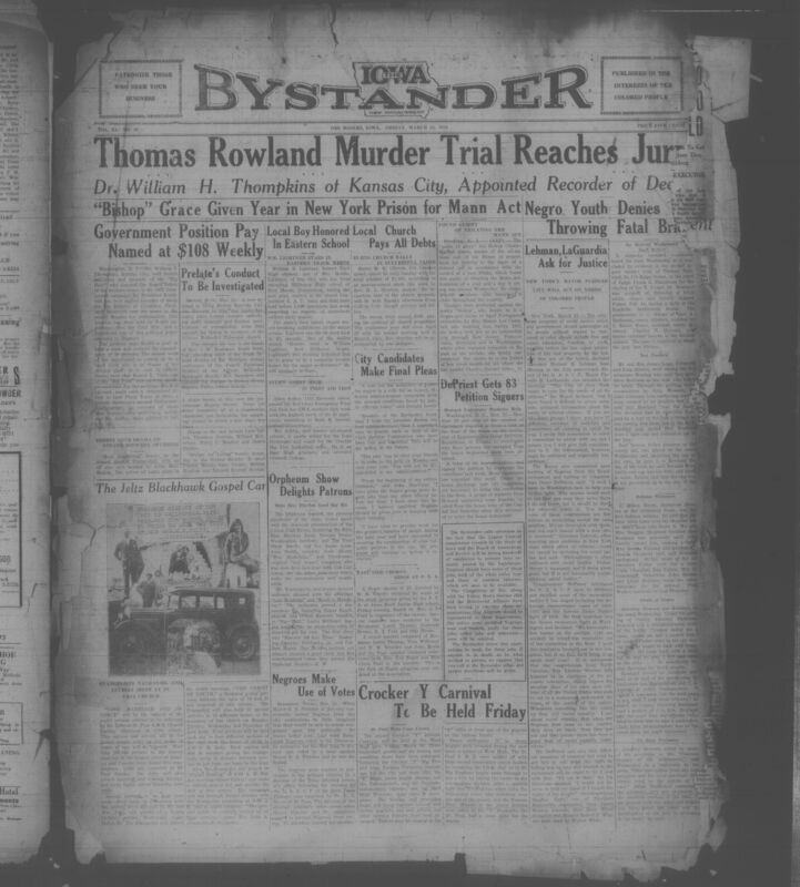 Contents include but are not limited to African American communitites in 1934, including court cases such as the Thomas Rowland murder trail and Mann Act conviction, civic activism against racial discrimination in employment, segregation, and public facilitites, and political commentary on voting rights and Black civic representation. It highlights achievements by Black students and athletes, church activities, cultural events and social club meetings. The paper also reports on national issues such as federal rurual rehabilitation efforts, anti-lynching legislation, economic challenges facing Black farmers, and the progress of Black-owned insurance companies. Numerous advertisements, community notices, obituaries, and local announcements reflect everday Black life In iowa and across the country during the Great Depression.