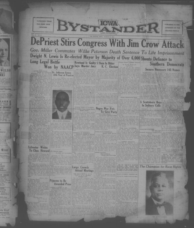 Contents include but are not limited to African American newspaper published in Des Moines, Iowa, covering national, regional, and local Black community news. The issue prominently reports on civil rights struggles, including Congressman Osacr DePriest's forceful condemnation of racial discrimination in the U.S. Captiol particularly segregation in the House restaurant, alongside coverage of legal battles defended by the NAACP, racial violence and criminal justice cases involving Black Americans. It also features political developments such as municipal elections, labor and union news, health advocacy during National Nergo Health Week, church and community events, obituaries, and extensive local announcements. Together, the articles reflect the social, political, and economic challenges faced by African Americans during the Great Depression, emphasizing activism, community organization, and resistance to Jim Crow segregation.