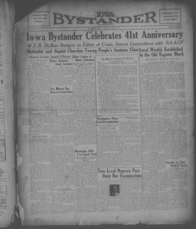 Contents include but are not limited to Iowa Bystander celebrates 41st anniversary, W.E.B. DuBois resigns as editor of The Crisis magazine, African Methodist church groups conclude youth leadership training institute, Des Moines native returns from international maritime career, NAACP protests Mississippi lynching and demands federal anti-lynching legislation vote, and other topics.