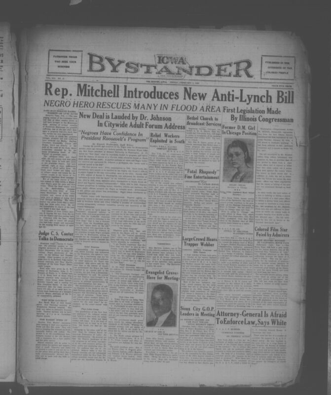 Contents include but are not limited to Congressman Arthur Mitchell introduces new federal anti-lynching bill, John Little rescues 100 people during Mississippi flood, Dr. Mordecal Johnson analyzes New Deal’s impact on Black Americans, NAACP exposes exploitation of Florida relief workers by officials, Bill Webber shares Canadian trapping experiences at YMCA, and other topics.