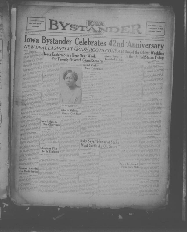 Contents include but are not limited to Bystander celebrates 42nd anniversary and goes over its history, Black Delegates draft their resolutions at Midwestern Republican Conference in Springfield, statewide survey on unemployment survey among Black people launched in Iowa, Father Ligutti to explain homestead project to interested people, Miss Ewing receives Master’s degree from Iowa State college, and other topics.