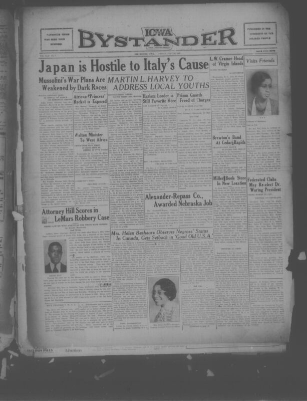 Contents include but are not limited to Japan opposes Italy in ongoing Ethiopian conflict, Christian youth leader visits Des Moines, North Carolina prison guards acquitted in prisoner abuse case, National Association of Colored Women holds biennial convention, Black attorney wins bank robbery dismissal, and other topics.