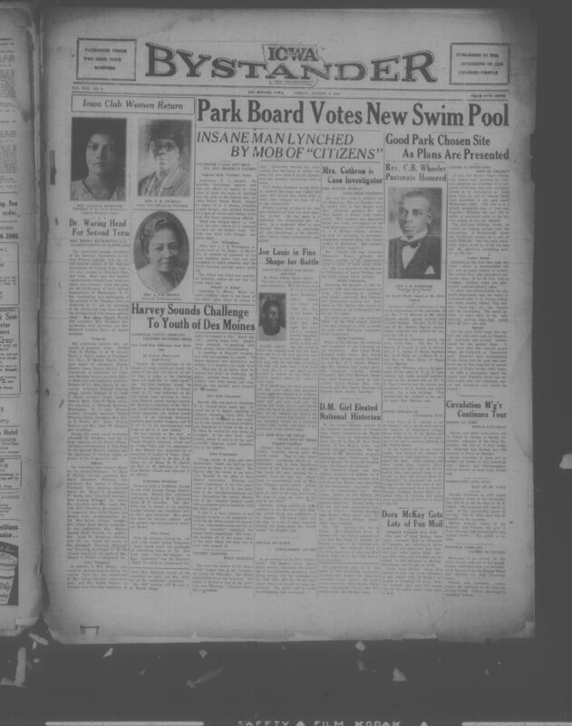 Contents include but are not limited to Des Moines Park Board approves new swimming pool project, mob lynches insane North Carolina man despite official intervention, Marguerite Cothron appointed as social case investigator in Baltimore, Martin Harvey challenges Des Moines youth to pursue success, Dr. Mary Waring re-elected president of National Association, and other topics.