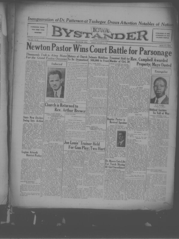 Contents include but are not limited to Pastor Campbell wins court case regarding parsonage property, Evangelist R.T. Hudson lectures on Ethiopia and biblical prophecy, transient man charged with murder of twenty-year-old Aieatha Turner, Haile Selassie mobilizes massive army as League fails Ethiopia, Joe Louis’ trainer arrested for alleged shooting, and other topics.
