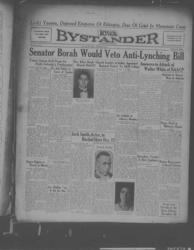 Contents include but are not limited to Senator Borah vows to veto federal anti-lynching legislation if President, Atlanta citizens boycott A&P stores to demand Black clerks' employment, prosecutors rush Scottsboro trial, deposed Emperor Yassou dies as Ethiopians claim major military victories, New Orleans longshoremen form independent unions due to union discrimination, and other topics.