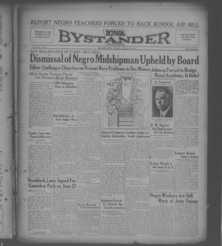 Contents include but are not limited to Negro Teachers Reported Pressured to Support Harrison Black School Aid Bill Without Equality Safeguards, NEA Denies Forcing Southern Negro Teachers to Endorse Federal Education Aid Bill, Italians Execute Hundreds of Ethiopians After Failed Assassination of Viceroy Graziani, WPA Director Surveys Flood Areas to Assess Relief for Black Communities, Joe Louis and James Braddock Sign Contract for Heavyweight Championship Fight, New Orleans Education Conference Accused of Enforcing Jim Crow Policies on Black Teachers, and other topics. 
