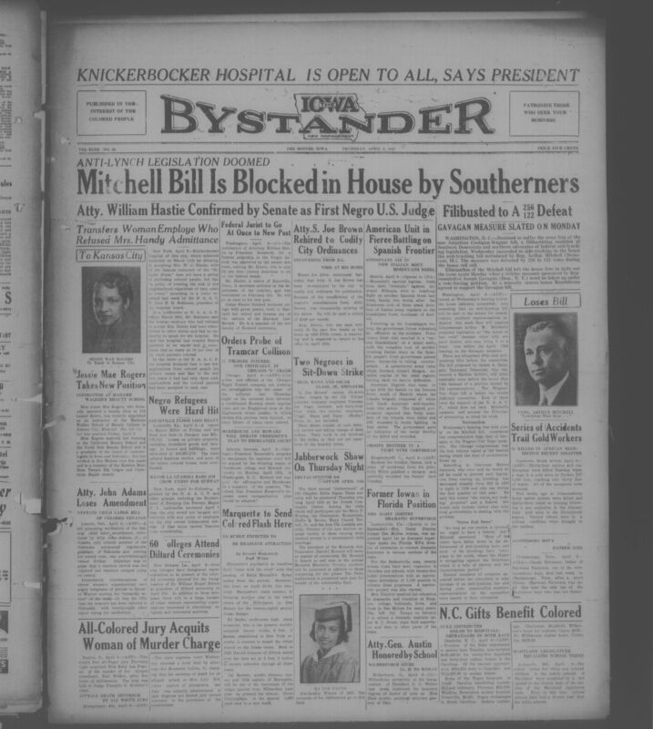 Contents include but are not limited to Anti lynching bill blocked in House as filibuster defeats Mitchell legislation, Senate confirms William Hastie as first Black United States federal judge, Knickerbocker Hospital affirms policy of admitting patients regardless of race, Mayor La Guardia refuses city bargaining with subway unions that exclude Black workers, Duke Endowment distributes major funds to hospitals and orphanages serving both races, and other topics. 
