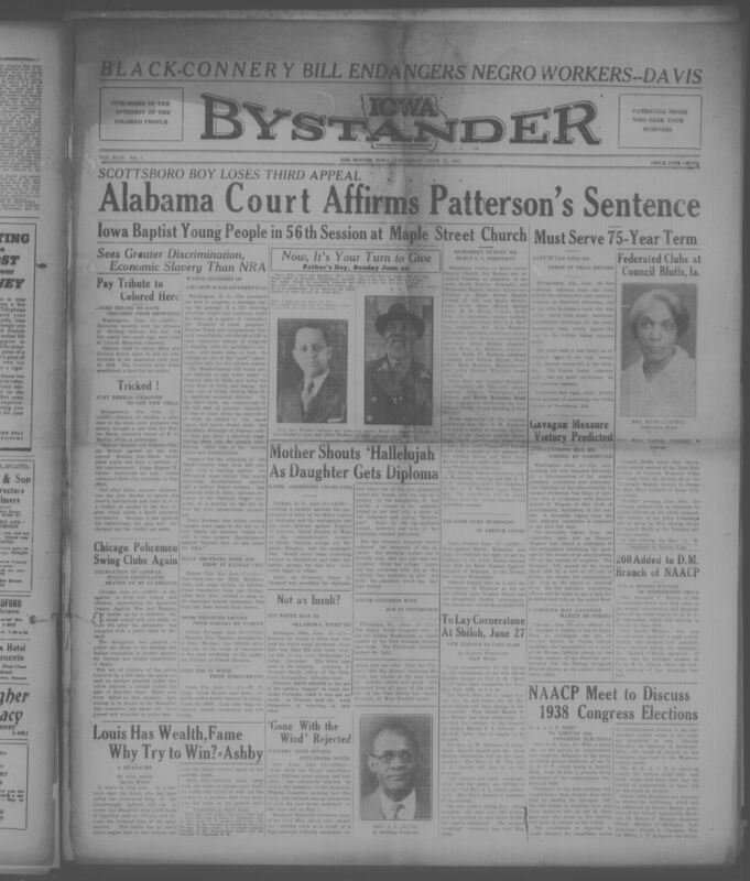 Contents include but are not limited to Scottsboro youth loses third appeal as Alabama court upholds conviction, Man honored after dying while trying to save drowning children, Alabama jury defies court causing new trial for Black defendant, Chicago police beat anti fascist protest at foreign consulates, Congress warned wage bill may legalize Jim Crow pay, Kansas City performers denied service under segregation, and other topics. 
