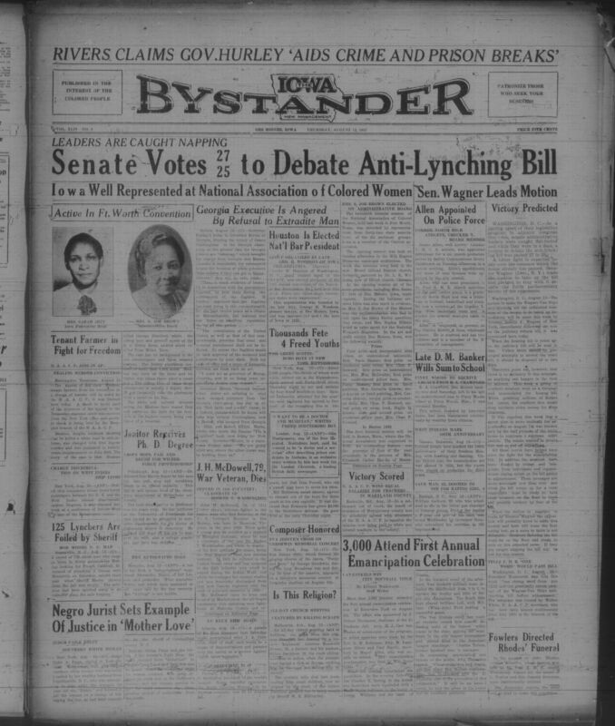 Contents include but are not limited to Massachusetts Governor refuses extradition over cruel Georgia chain gang punishment, Senate narrowly votes to debate federal anti lynching bill, Georgia officials protest refusal to return escaped prisoner, Charles H Houston elected president to lead National Bar Association, Large crowds welcome freed Scottsboro defendants calling for justice and reform, and other topics. 