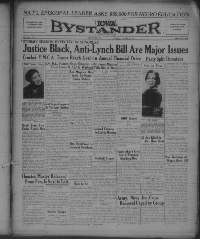 Contents include but are not limited to Stormy Congress Session Expected Over Justice Black And Federal Anti Lynching Bill, Episcopal Church Leader Warns Schools For Negroes Will Close Without Additional Fifty Thousand Dollar Funding, National Negro Congress Condemns Justice Black And Backs Labor And Civil Rights Agenda, A Philip Randolph Reelected To Lead National Negro Congress, NAACP Secures Release Of Houston Riot Soldier After Long Campaign, and other topics. 
