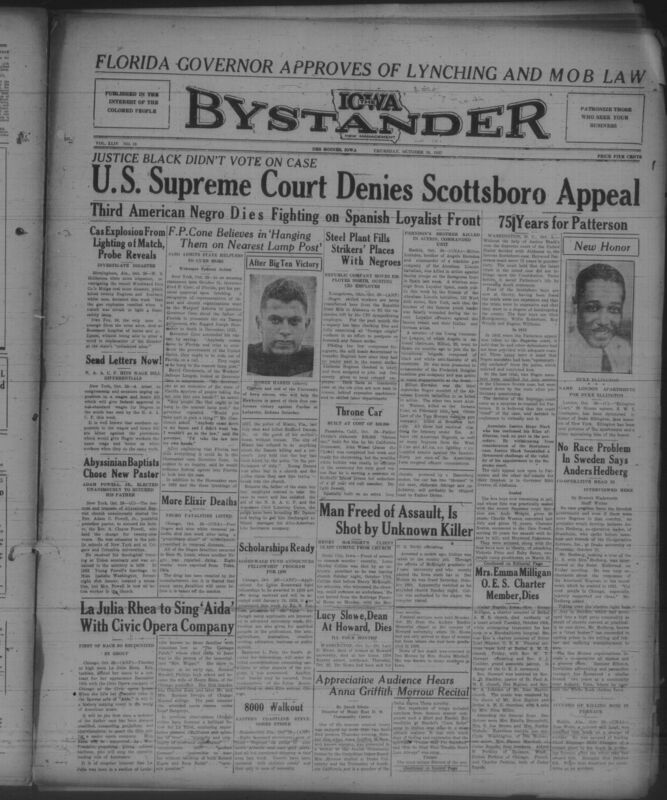 Contents include but are not limited to NAACP urges Congress to block wage bill allowing lower Southern Black pay, Supreme Court upholds Scottsboro verdict without Justice Black’s vote sentencing Patterson to 75 years, Adam Clayton Powell Jr. unanimously chosen to lead Abyssinian Baptist Church, Mine explosion in Alabama kills dozens prompting safety investigation, Florida governor openly defends lynching sparking outrage, Negro soldiers killed fighting fascism in Spanish Civil War, and other topics. 
