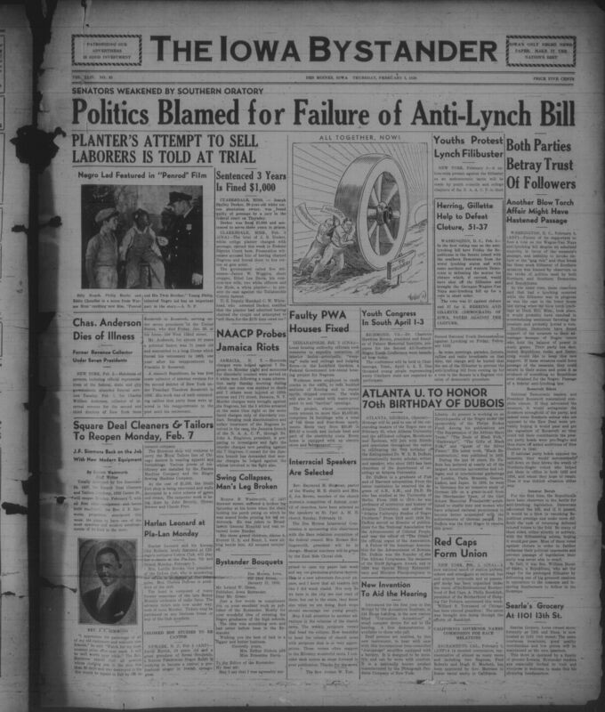 Contents include but are not limited to Senate Filibuster Blocks Federal Anti Lynching Bill Despite Majority Support, White Mississippi Planter Convicted for Chaining and Forcing Black Laborers, NAACP Probes Jamaica New York Riot Alleging Racially Biased Murder Charges, Youth Groups Launch National Protest Against Anti Lynching Filibuster, Atlanta University Honors W E B Du Bois on 70th Birthday, Railroad Red Caps Form National Union to Fight Labor Abuses, and other topics. 
