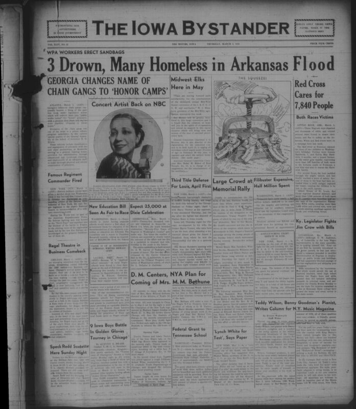 Contents include but are not limited to Georgia ends chain gangs by creating honor work camps to reform prisons, Harlem National Guard regiment loses its commander in shake up, Chicago Regal Theatre rebounds to restore jobs and Black owned business, Floods force WPA crews to save thousands in Arkansas, Mississippi shuts 19 Black schools while white schools stay open, Joe Louis schedules third heavyweight title defense to extend his championship reign, and other topics. 
