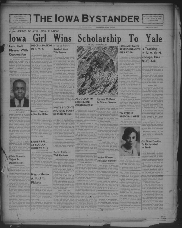 Contents include but are not limited to $1,200 award recognizes Miss Lucille Baker for earning Yale fellowship to advance higher education, NAACP investigates TVA discrimination against Black workers and communities, White students protest racial discrimination in public facilities, efforts announced to revive Des Moines Negro baseball league, former Black congressional representative dies highlighting historic public service, youth granted reprieve to delay execution sentence, and other topics. 
