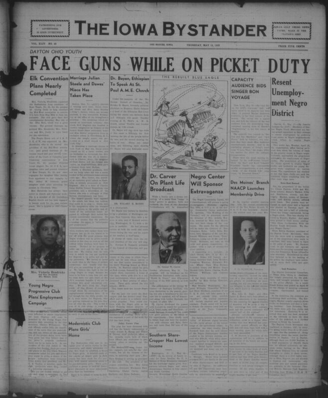 Contents include but are not limited to Elks Convention Plans Nearly Completed to Host Midwest Association in Des Moines, Young Negro Progressive Club Launches Employment Campaign to Secure Jobs for Local Negroes, Interracial Marriage of Julian Steele and Mary Dawes Sparks National Controversy, Modernistic Club Plans Home for Negro Girls to Address Social Needs, Ethiopian War Witness Dr Malaku Bayen to Speak and Show Films in Des Moines, NAACP Des Moines Branch Launches Membership Drive, and other topics. 
