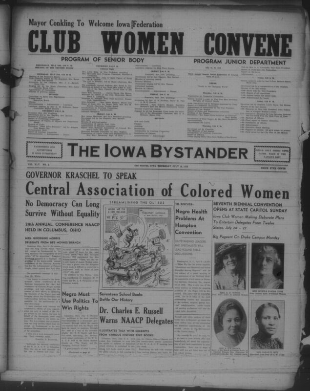 Contents include but are not limited to Iowa club women plan statewide convention to host delegates from twelve states, NAACP holds 29th annual conference in Columbus addressing civil rights and minority equality, Educational leaders expose racist distortions in school history textbooks, Medical and civic experts lead round tables on pressing Negro health and social problems, Wayne Platter gains acclaim as featured tap dancer with WHO touring show, Paul Laurence Dunbar’s Ohio home dedicated as permanent memorial museum, and other topics. 
