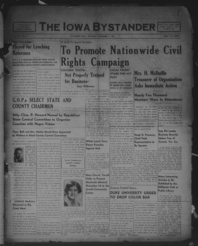 Contents include but are not limited to ACP demands apology from Justice Salvatore Cotillo for anti labor and anti Negro remark from bench, Iowa State drama officials present one act play written by Negro student to promote cultural achievement, Professor G C Wilkinson criticizes Negro education for failing to prepare youth for business careers, Republican leaders urge increased Negro voter registration and political participation, Housing official tours Iowa to address inadequate Negro housing conditions, and other topics. 