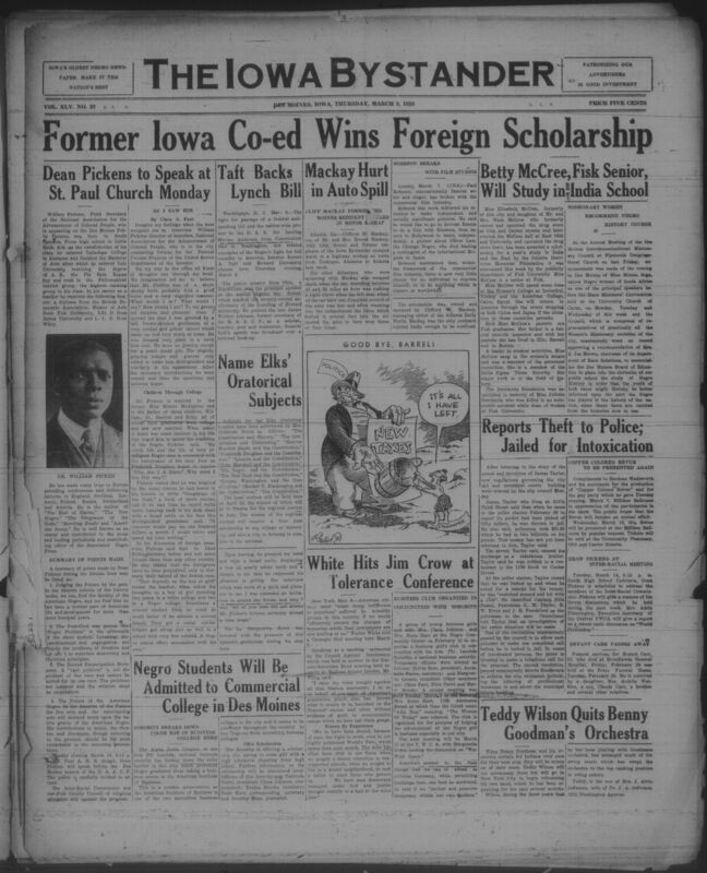 Contents include but are not limited to Dean William Pickens Visits Des Moines to Lead NAACP Forums on Negro Equality, Senator Robert Taft Supports Federal Anti Lynching Legislation for Civil Rights, Paul Robeson Leaves Hollywood to Create Socially Meaningful Films Independently, Iota Phi Lambda Sorority Opens Accredited Business College Access to Negro Students, Fisk University Senior Wins Scholarship for International Study in India and the East, Des Moines City Council Orders Jail Reforms After Negro Man Reports Unjust Arrest, and other topics. 
