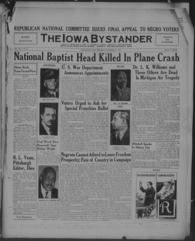 Contents include but are not limited to national baptist head killed in plane crash, U.S. war department announces appointments, Dr L.K. Williams and three others dead in Michigan air tragedy, and black people cannot afford to lose freedom prosperity, and other topics