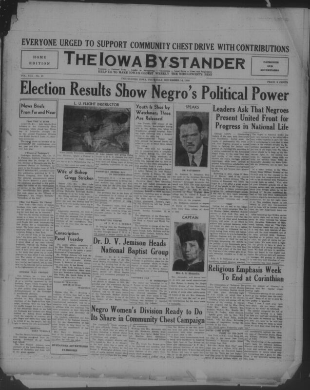 Contents include but are not limited to election results showing black peoples power, youth is shot by watchman; three are released, Dr D.V. Jemison heads National Baptist group, religious emphasis week to end at corinthian, and other topics