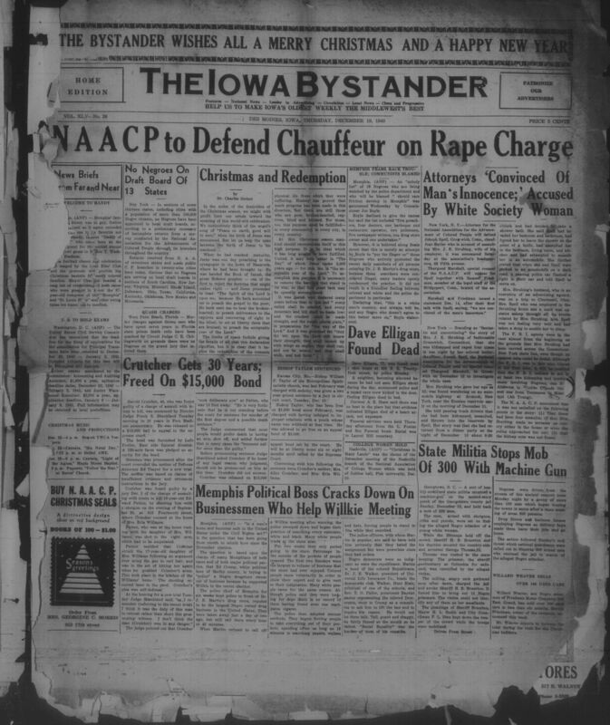 Contents include but are not limited to NAACP to defend chauffeur on rape charge, dave elligan found dead, Crutcher gets 30 years; freed on $15000 bond, state militia stops mob of 300 with machine gun, and other topics