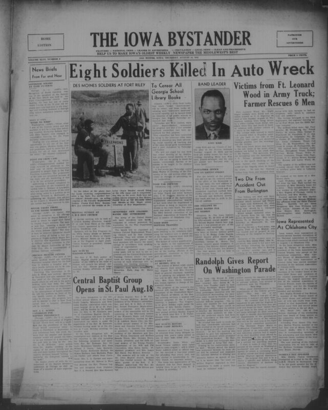 Contents include but are not limited to Eight Negro Soldiers Killed in Fiery Highway Crash Near Fort Leonard Wood, Georgia Governor Orders Removal of Books Teaching Racial Equality From Public Schools, Andy Kirk and His Clouds of Joy to Perform at Riverview Ballroom, Army Announces Creation of Seventeen New Colored Military Bands, and other topics. 
