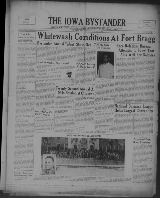 Contents include but are not limited to Robert Alonzo White sentenced to life imprisonment for killing estranged wife, Fort Bragg Negro troops protest worsening bus transportation discrimination, Austin S Kiser honored with large funeral recognizing civic and veterans service, Des Moines NAACP plans public meeting to report national convention actions, Negro soldiers face propaganda to mask segregation conditions at Fort Bragg, and other topics. 
