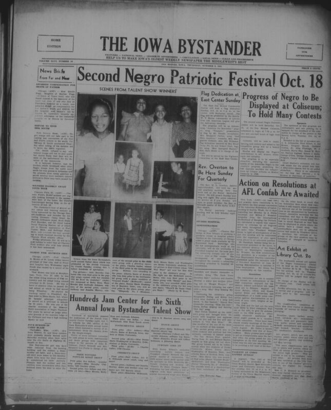 Contents include but are not limited to Army refuses to send 366th Negro regiment south for war maneuvers, Joe Louis visits Midwest army camps to boost troop morale, Illinois awards compensation to daughter for father’s fatal workplace injury, Four members of a Mississippi family critically burned in rural cabin fire, Community hosts Iowa Bystander annual talent show honoring Black performers, and other topics. 
