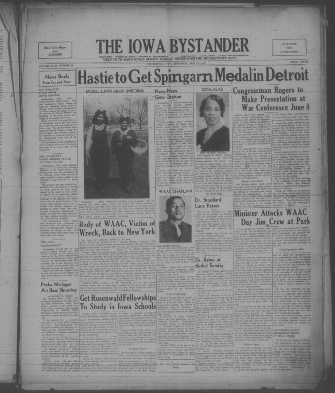 Contents include but are not limited to Boy honored for injury while collecting scrap to support war effort, Mrs Roosevelt hosts African prince to strengthen goodwill and war cooperation, FEPC delays hearings affecting job discrimination cases, Army investigates shooting of Black soldier to address base misconduct, WAAC member killed in crash highlights training camp risks, Navy honors sailor for heroic rescue attempt during battle, NAACP conference planned to address race roles in war democracy, Minister condemns segregation at WAAC event to fight discrimination, and other topics. 