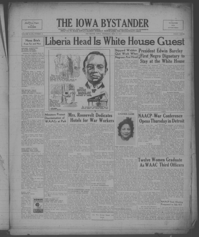 Contents include but are not limited to Soldier acquitted of rape charge returns to Army to highlight NAACP defense success, Editor explains what he would do if he were a Negro to argue for education and unity, Report exposes overcrowded unsanitary West Indian farm worker transport, Ministers protest WAAC discrimination at park to challenge segregation, Shipyard workers strike when Negro welders hired to report labor conflict, Mrs Roosevelt dedicates war worker housing to support Black workers, Liberia president visits White House to mark historic diplomacy, NAACP conference planned to push civil rights, Youth protest segregated military policy, and other topics. 