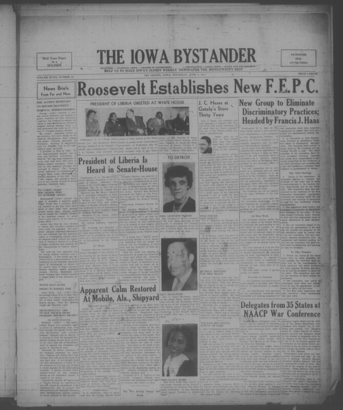 Contents include but are not limited to Fisk university leader resigns to head hospital improving management and services, Liberia president visits and addresses US leaders to strengthen democratic ties, veterans sue for equal Legion access to end discrimination, US creates fair employment committee to reduce job bias, Alabama shipyard restores order after racial clashes affecting war work, NAACP gathers in Detroit to address wartime civil rights, insurer blocks Black tenants from housing project exposing bias, local rescue highlights interracial aid in workplace emergency, and other topics. 