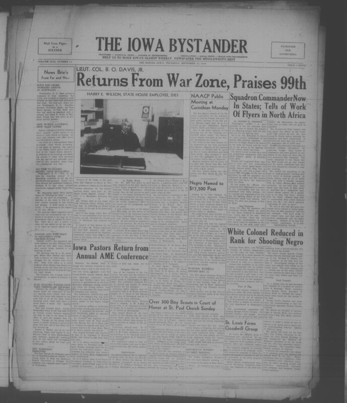 Contents include but are not limited to Lt Col Benjamin O Davis Jr returns from North Africa praising training and readiness of the all Black 99th Pursuit Squadron, Pastor and wife shot during dispute over church funds highlighting internal church conflict, Army Colonel convicted and reduced in rank for careless firearms use at air base, War conditions force white Southerners to rely on Black labor revealing economic dependence, and other topics. 