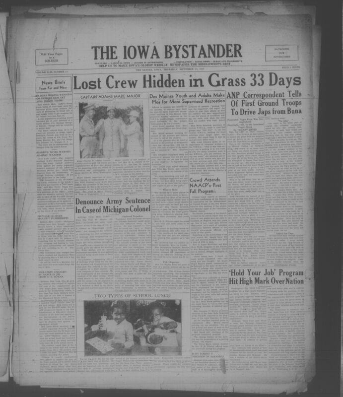 Contents include but are not limited to Long Prison Terms Given Soldiers for Detroit Riot Crimes, Lost Air Crew Survives 33 Days Hidden After Crash in New Guinea, Captain Charity Adams Promoted to Major Recognizing WAC Leadership, Community Leaders Call for More Supervised Youth Recreation to Prevent Delinquency, Seamen’s Wives Warned Against Membership Exclusion in New Maritime Auxiliary, and other topics. 
