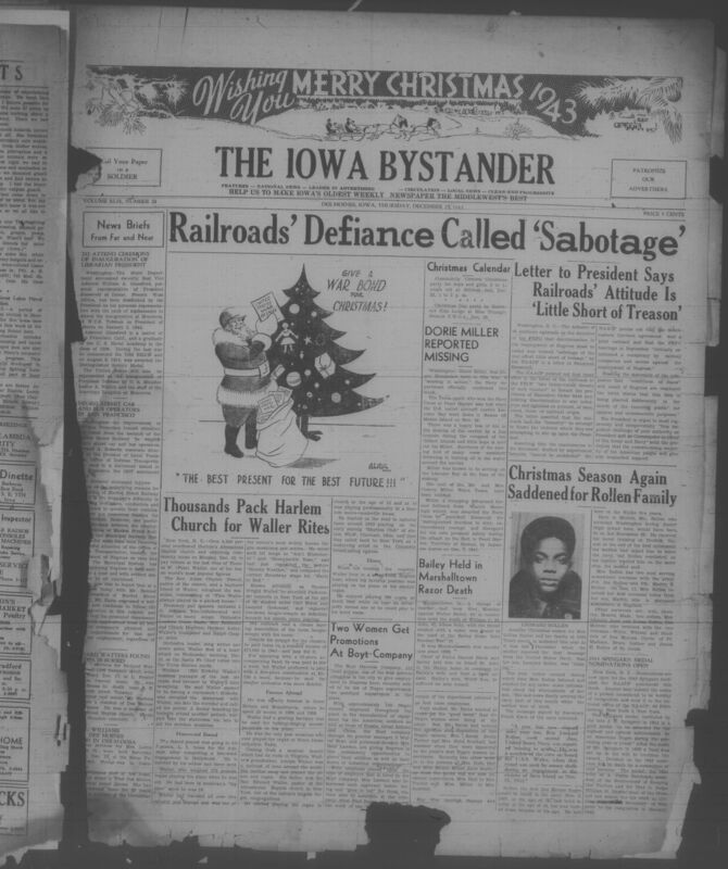 Contents include but are not limited to Railroads defiance called sabotage NAACP letter urges President to stop discrimination in war jobs, Dorie Miller reported missing Navy confirms Pearl Harbor hero lost at sea, Fats Waller funeral honors music figure and legacy, Family of Leonard Rollen mourns sailor listed missing in action, Boyt company expands hiring and promotion of Black workers, Spingarn Medal nominations open to recognize outstanding achievement, Richard Watters burial announced former miner laid to rest, and other topics. 