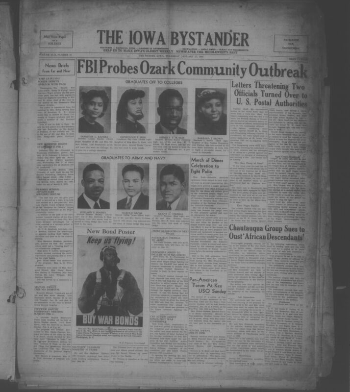 Contents include but are not limited to War Bond poster promotes recognition of Black aviators to boost support for war financing, FBI investigates racist threats to stop violence against Black families in Missouri, nursery school forum explains early education benefits to help child development, March of Dimes campaign raises funds to fight polio and prepare for epidemics, NAACP pushes newsreels to include Black combat squadron to ensure fair coverage, local graduates enter college and military to support education and war effort, and other topics. 