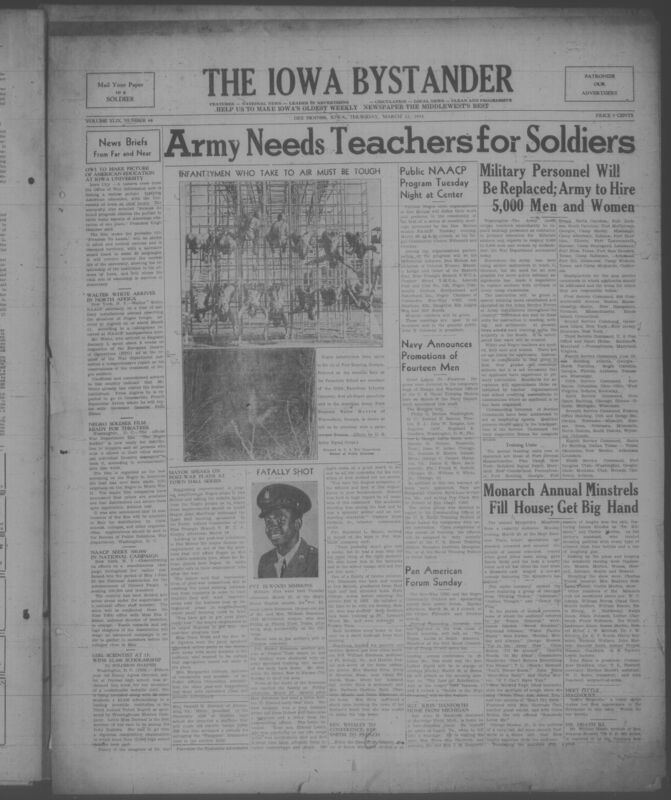 Contents include but are not limited to Film project at Iowa University aims to showcase American education abroad, NAACP launches nationwide drive to recruit 500000 members, War Department releases film highlighting role of Black soldiers in WWII, Walter White tours overseas to assess treatment of Black troops, Teen scientist wins scholarship for creating fireproof cloth, Army plans to replace troops with civilian teachers to improve soldier education, and other topics. 