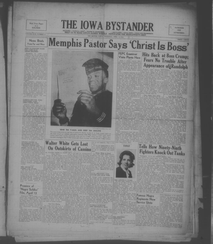 Contents include but are not limited to FEPC Examiner investigates discrimination in local industries to enforce fair employment, Jewish groups fund recreation room for Black soldiers to improve camp conditions, Memphis minister defies political boss to defend free speech and civil rights, Renowned surgeon Dr John Hale dies after major contributions to medicine, Negro fighter squadron credited with destroying enemy tanks in Italy, Walter White reports front line dangers to highlight war conditions, and other topics.