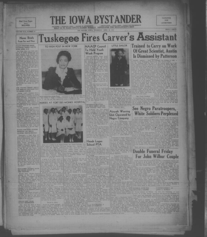 Contents include but are not limited to NAACP observes National Negro Youth Week to promote postwar youth needs and membership growth, Tuskegee dismisses George Washington Carver assistant over royalty dispute controversy, President Roosevelt thanks Bishop Gregg for boosting morale of Black troops, Buffalo woman appointed to high paying New York labor post, Polk County selects leader for community and war fundraising campaign, Army honors fallen Black airman with Air Medal for combat service, Black paratroopers face discrimination incident in Atlanta highlighting racial tensions, and other topics. 