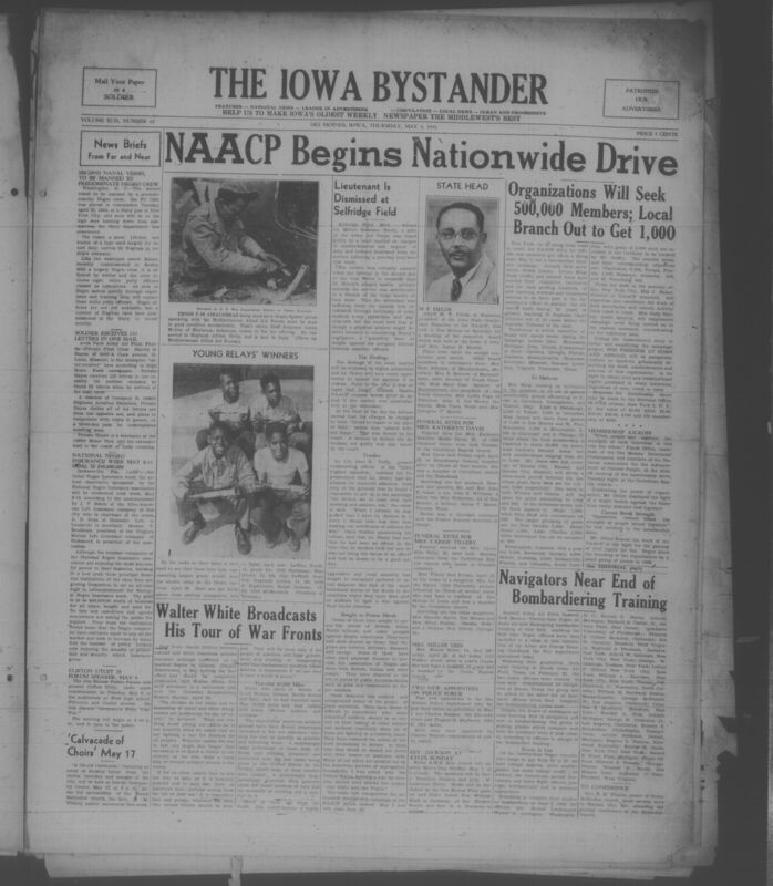 Contents include but are not limited to Second naval vessel commissioned with predominantly Negro crew to fight Axis submarines, Soldier sets record receiving 153 letters showing morale and support on home front, National Negro Insurance Week seeks 40 million dollars to expand financial protection and equality, NAACP warns racial conflict hurting war unity and calls for equality, Iowa forum hosts talk on Germany’s war history to inform public understanding, and other topics.